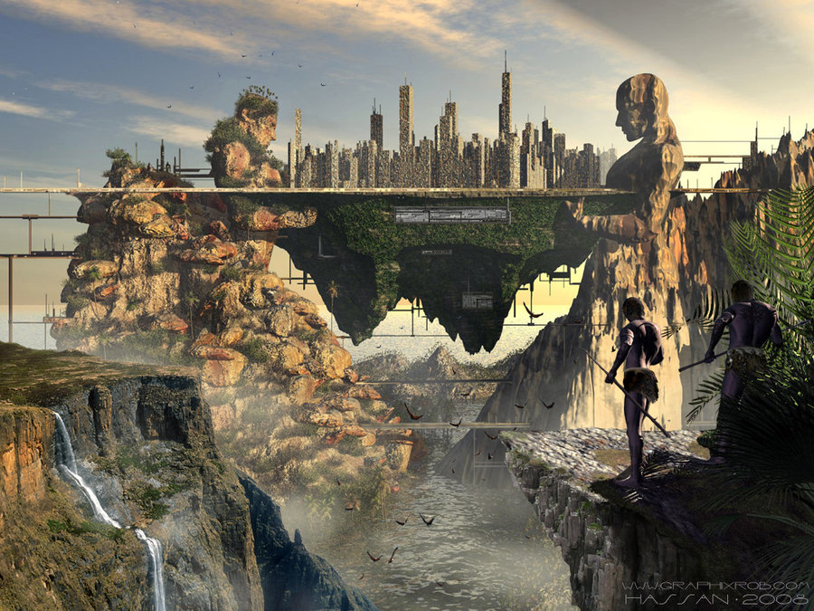 Free computer desktop wallpaper:Twin Mountain Visitors, 3D Digital Art, Fantasy Art, This fantasy 3d image features primitive visitors to a futuristic 'suspended' city. The image was created with 3ds max, Vue, Poser and Photoshop.